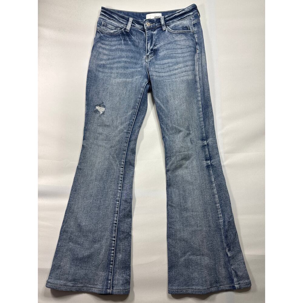 Vervet Women's Distressed Flare Blue Stretch Denim Jeans - Size 28 (28x30)